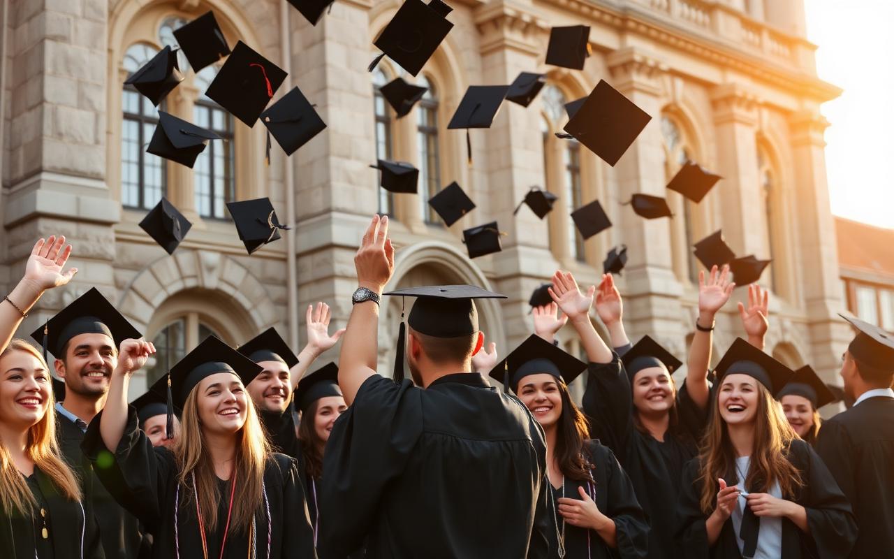 International students celebrating graduation, tossing caps in the air