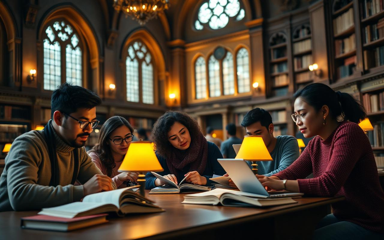 Diverse students studying together in a historic university library